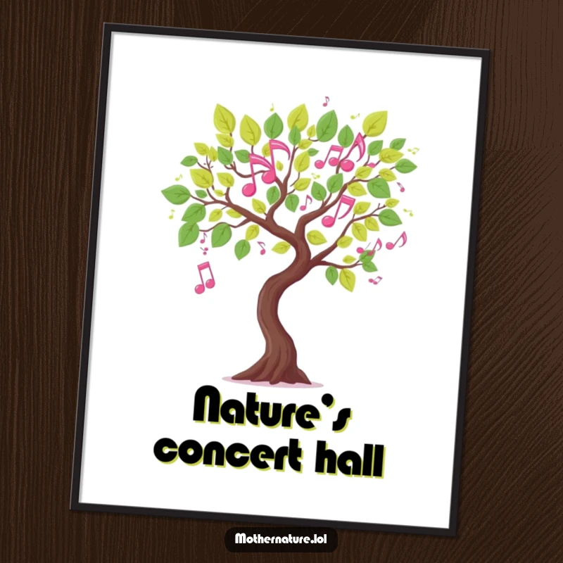 Funny musical tree branch poster, leaves shaped like dancing musical notes, whimsical artistic wall art, perfect gift.