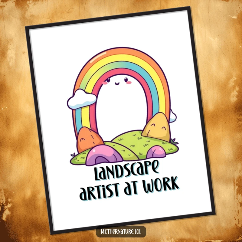 Funny rainbow character gracefully arching over a delightful, smiling landscape, bringing a sense of peace and happiness.