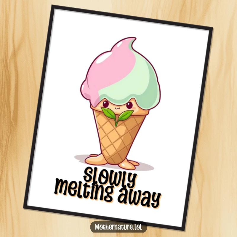 Funny shy sprout poster, hiding behind a giant melting ice cream cone, cute and humorous wall art, perfect gift.