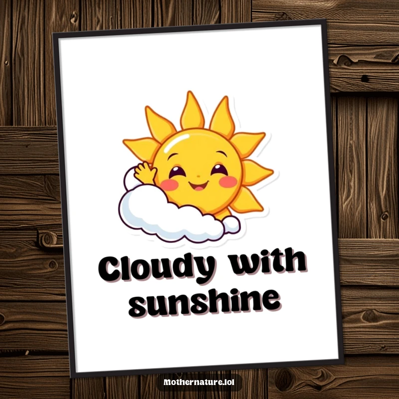 Funny smiling sun character waving enthusiastically from behind a giggling cloud, perfect for happy and cheerful wall art.