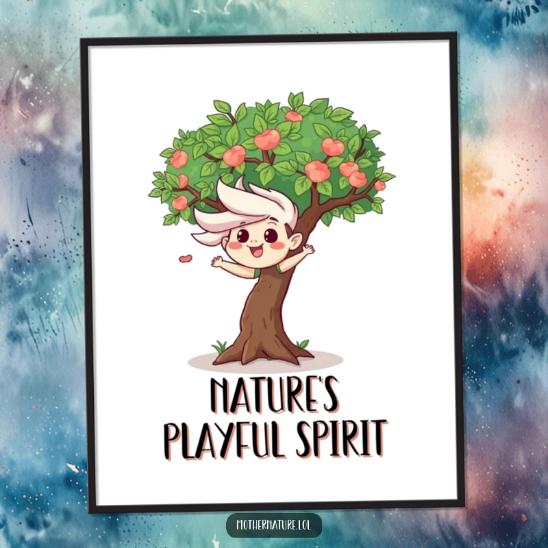 Mischievous wind gust character playfully ruffling leaves of a happy tree, designed as vibrant wall art for a humorous, nature-themed room.