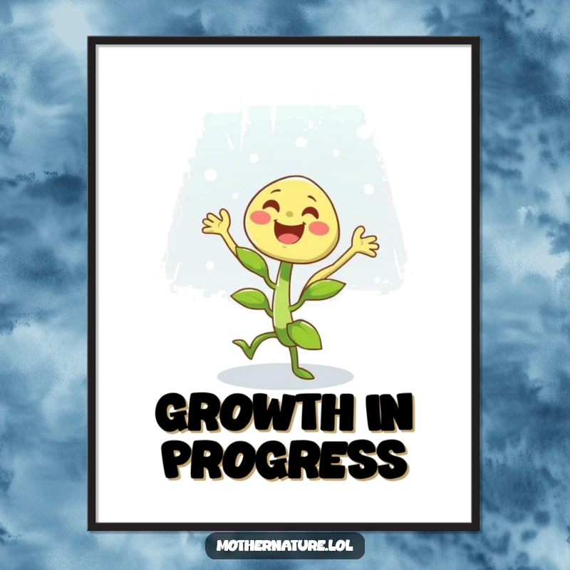 Funny poster art of a gleeful plant character dancing with abandon during a light, uplifting rain shower, radiating happiness.