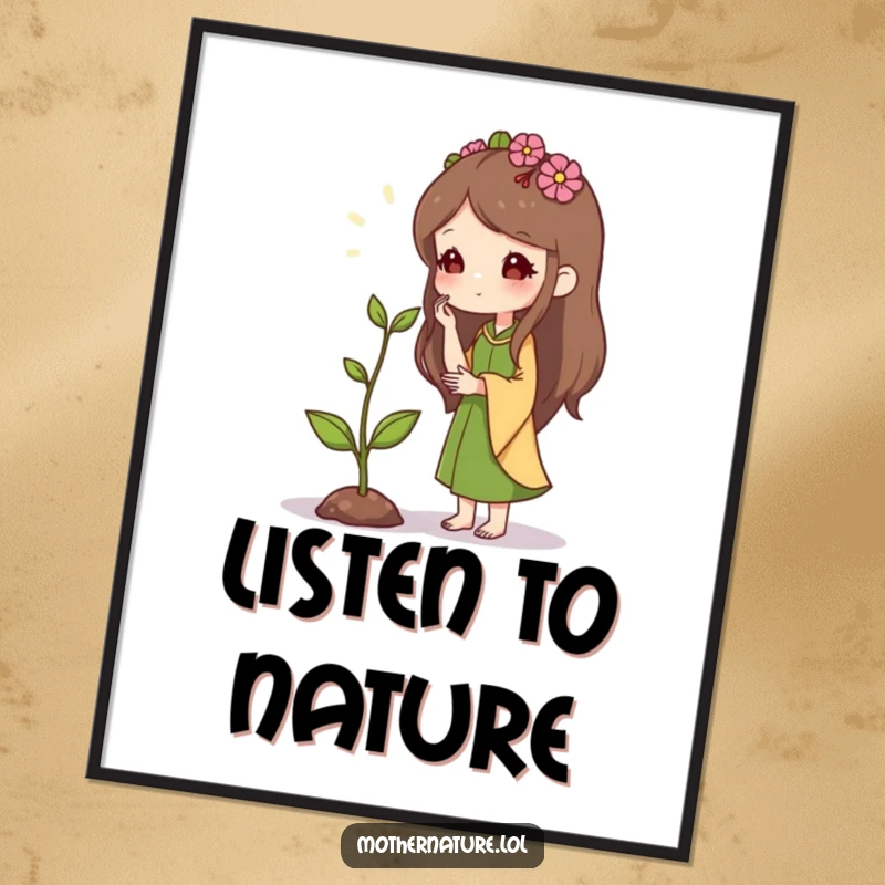 Mother Nature Poster: Gentle character whispering to a small, determined sprout, illustrating nurturing and potential. An inspiring art gift.