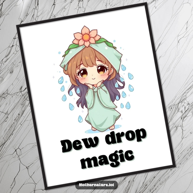 Mother Nature Poster: Character creating a cascade of sparkling dew drops, symbolizing freshness and purity. An elegant and serene art gift.