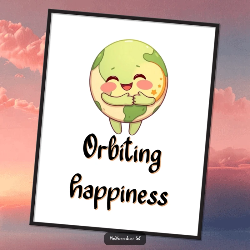 Funny Poster art featuring a happy Earth character hugging a tiny, grinning Moon, symbolizing cosmic connection and love.