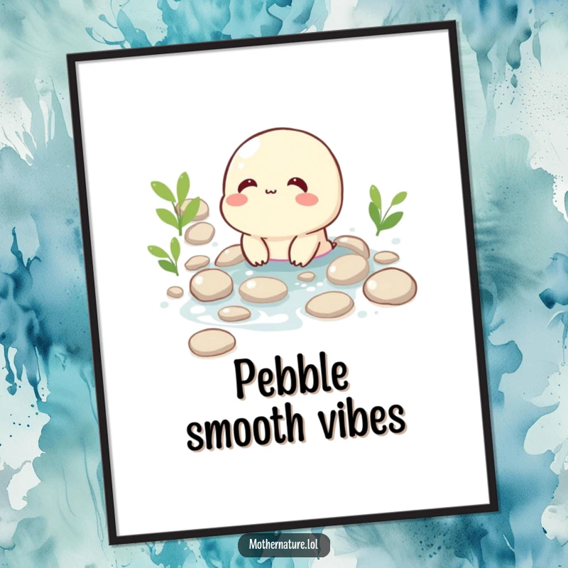 Funny poster art of a happy, giggling brook character flowing smoothly over smooth pebbles, evoking a sense of serene joy.