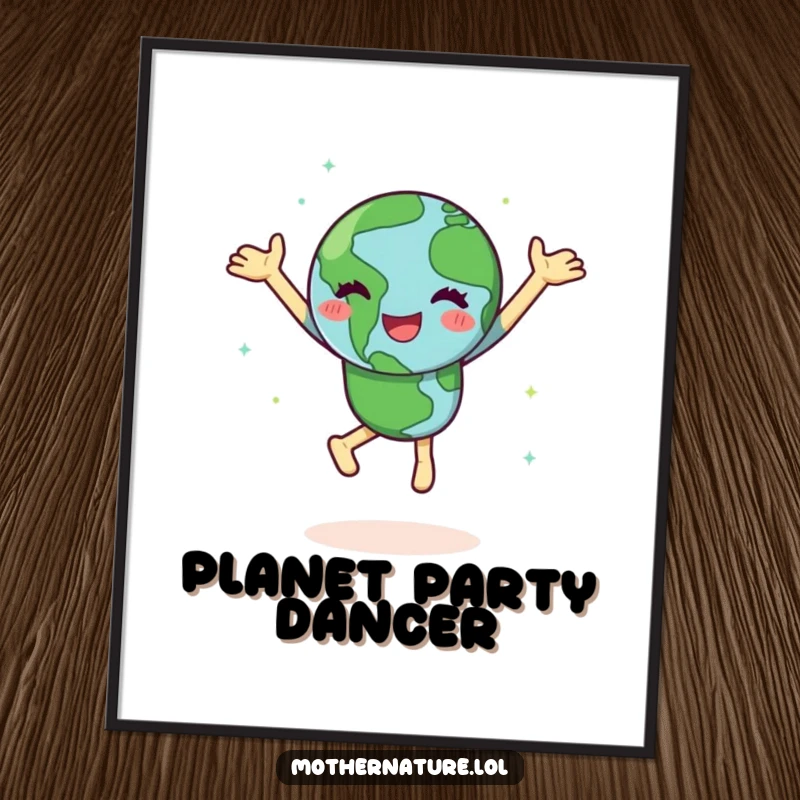 Funny Earth poster depicting a happy character doing a joyful dance, spinning vibrantly with detailed green continents for wall decor.