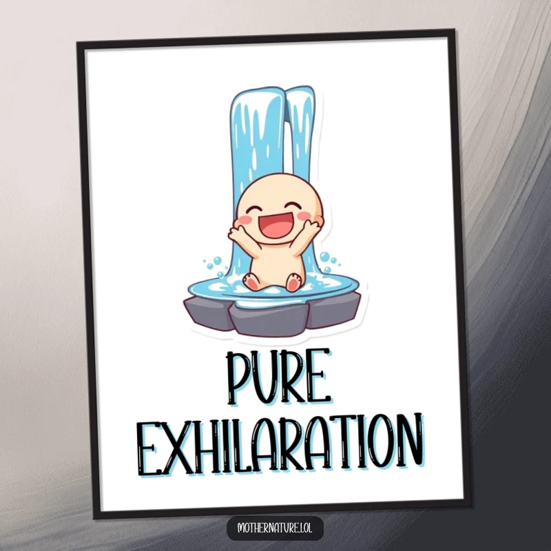 Funny poster depicting a laughing waterfall character cascading with pure, unadulterated joy. Dynamic water art.