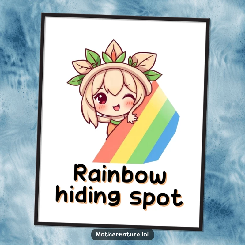 Funny Mother Nature poster featuring a mischievous character peeking from behind a colorful rainbow, creating a whimsical and intriguing visual.