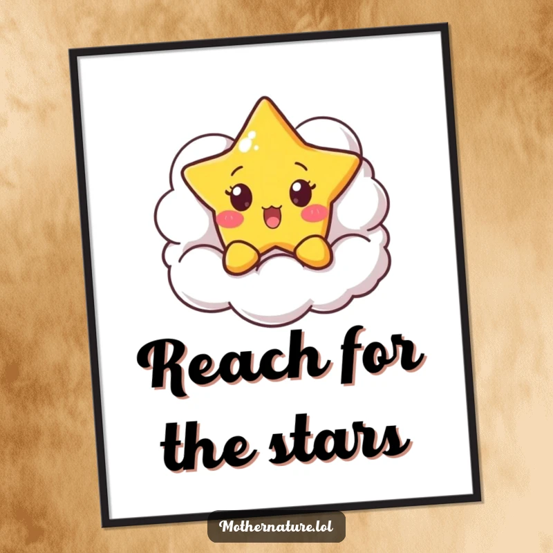 Funny Surprised Star Poster showing a tiny character peeking from behind a fluffy smiling cloud, perfect for whimsical wall decor.