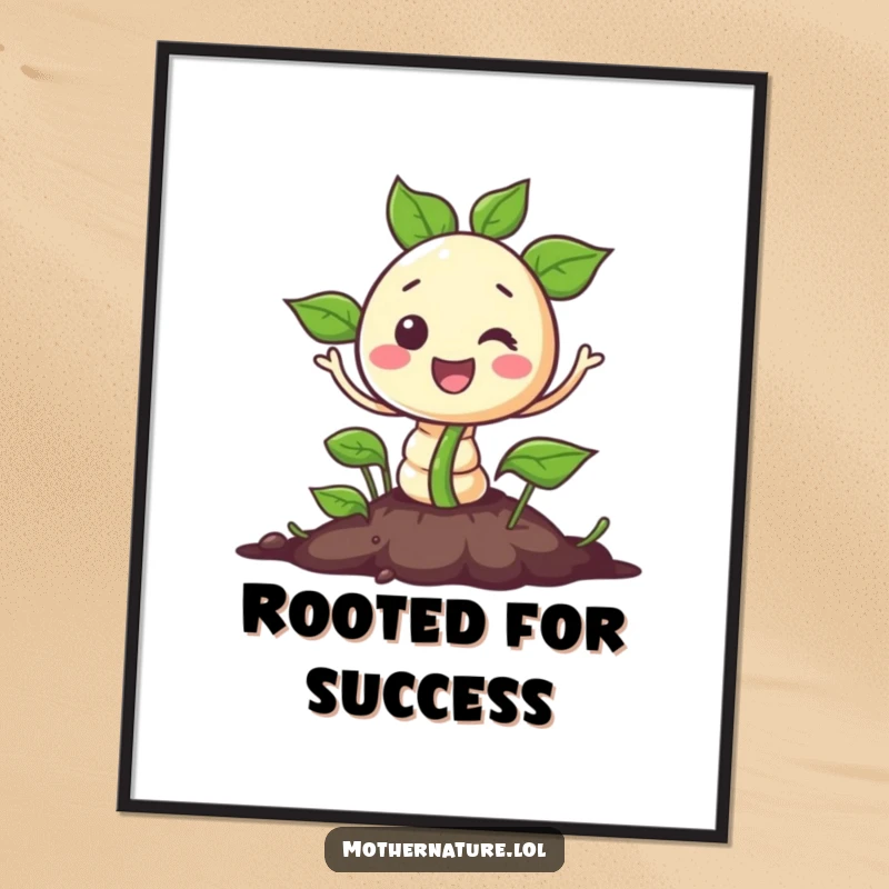 Funny poster of a cheerful seed character bursting out of the ground with glee. Humorous and vibrant wall art.