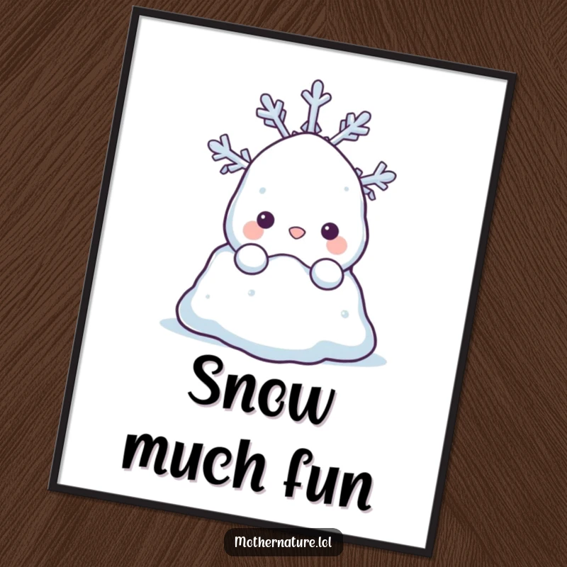 Funny poster depicting a shy snowdrift character peeking at a happy snowflake. A sweet winter illustration.