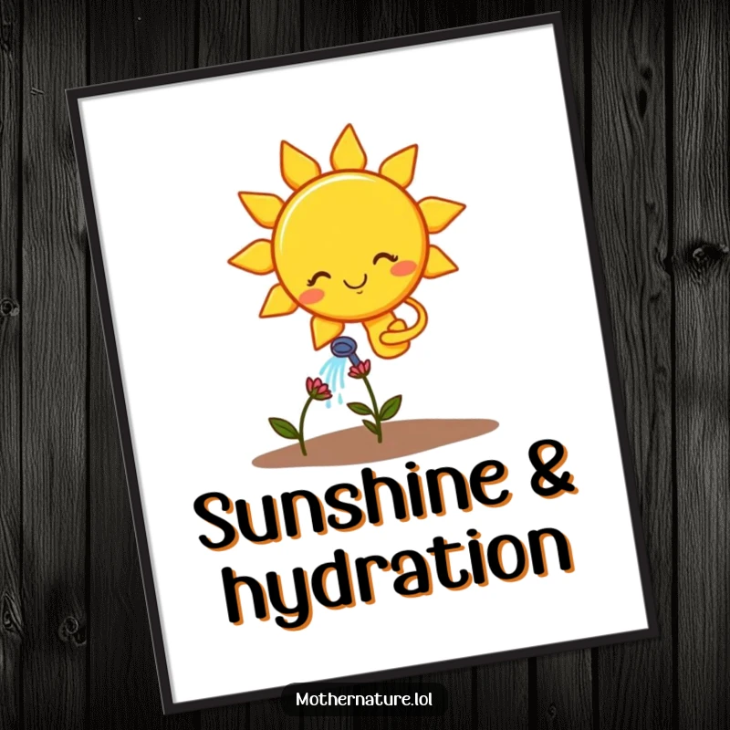 Funny poster art of a smiling sun character watering a small, wilting flower, adding humor to walls.