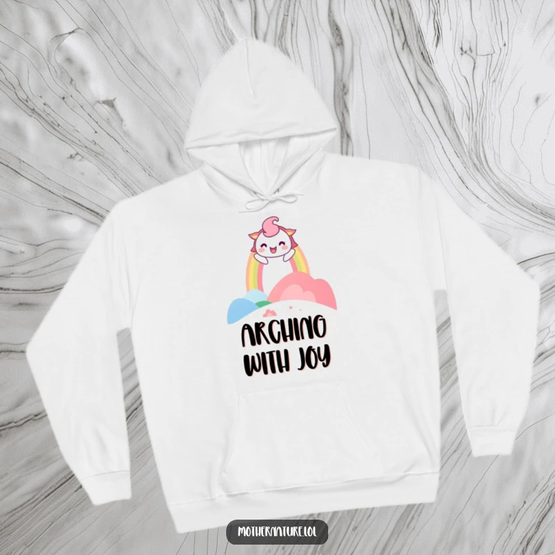 Funny Hoodie with a playful rainbow character arching over a laughing landscape, offering warmth and vibrant cheerfulness.