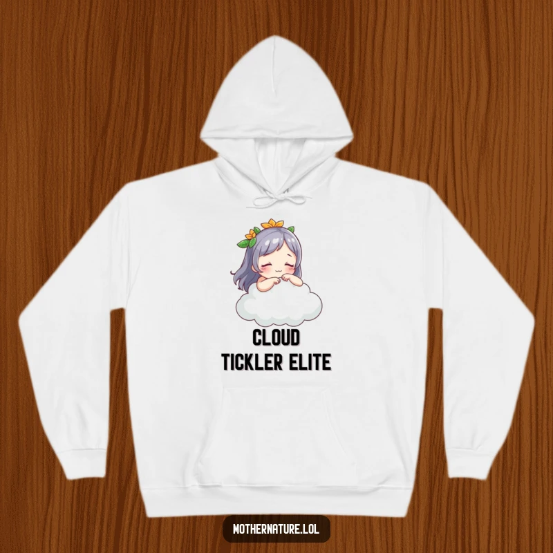 Funny Mother Nature hoodie, cozy design of character tickling a sleeping cloud, warm and playful, excellent funny gift idea.