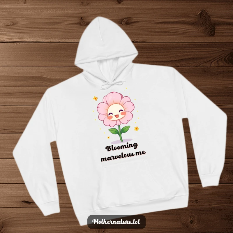 Funny hoodie featuring a cheerful flower character blooming vividly and showering tiny pollen sparkles, a cozy and humorous wearable art.