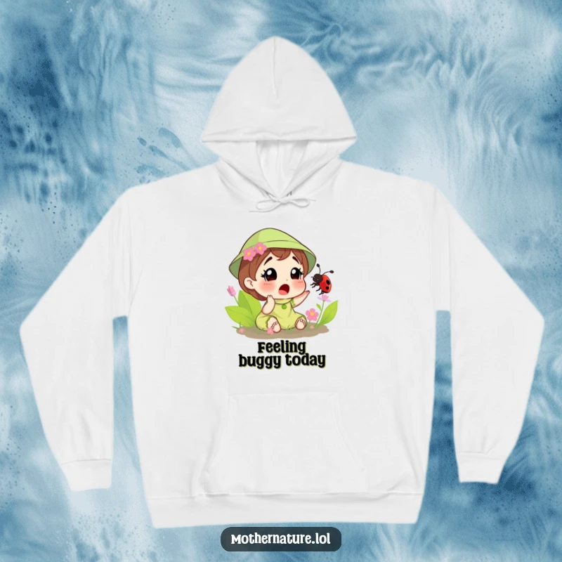 Funny hoodie depicting Mother Nature looking surprised as a ladybug tickles her, offering a cozy and playful take on nature interaction.