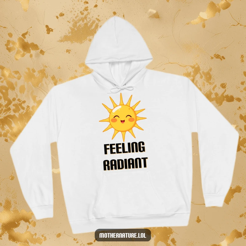 Funny hoodie depicting a jovial sun character with a playful wink, showering the earth with generous beams of warm, luminous golden light.