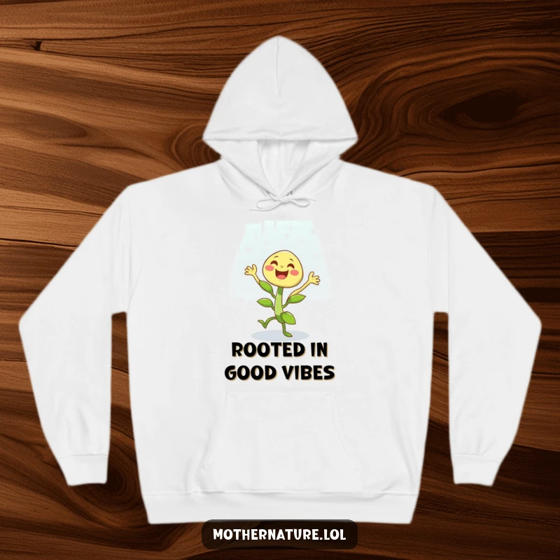 Funny hoodie with a cheerful plant character in a joyful, unrestrained dance during a light, whimsical rain shower.