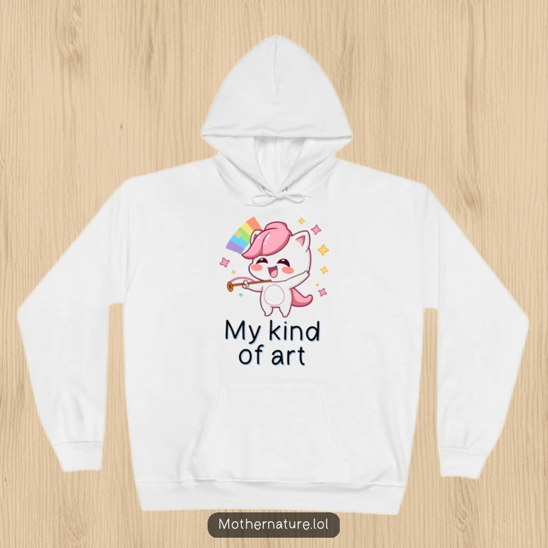 Funny hoodie with a mischievous character giggling joyfully while orchestrating a brilliant rainbow.