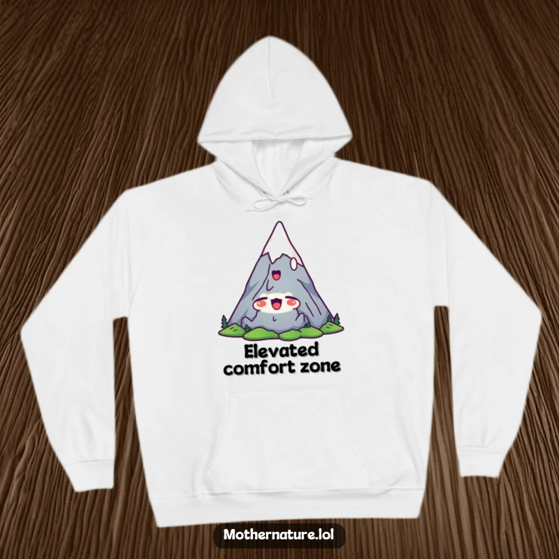 Funny mountain hoodie featuring a cute character stretching its peaks upwards with a satisfied yawn, offering cozy, relaxed comfort.