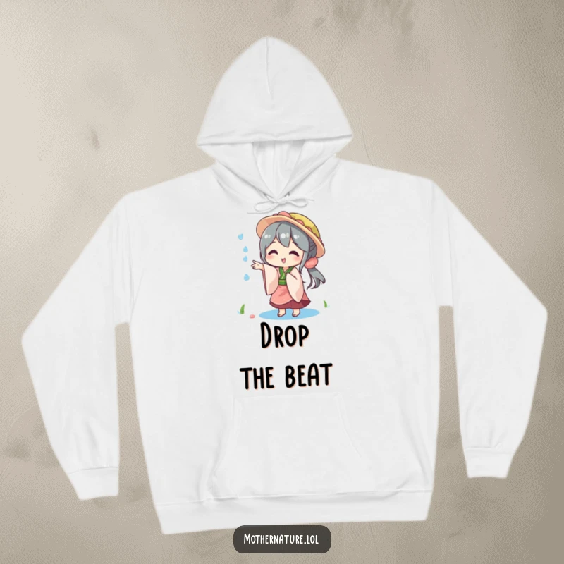 Funny hoodie design of Mother Nature playfully tossing a sparkling raindrop, symbolizing gentle joy and nature's magic.
