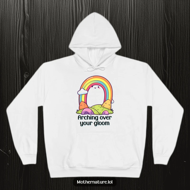 Funny, vibrant rainbow character cheerfully arching over a beautifully smiling landscape, offering comfort and joy.