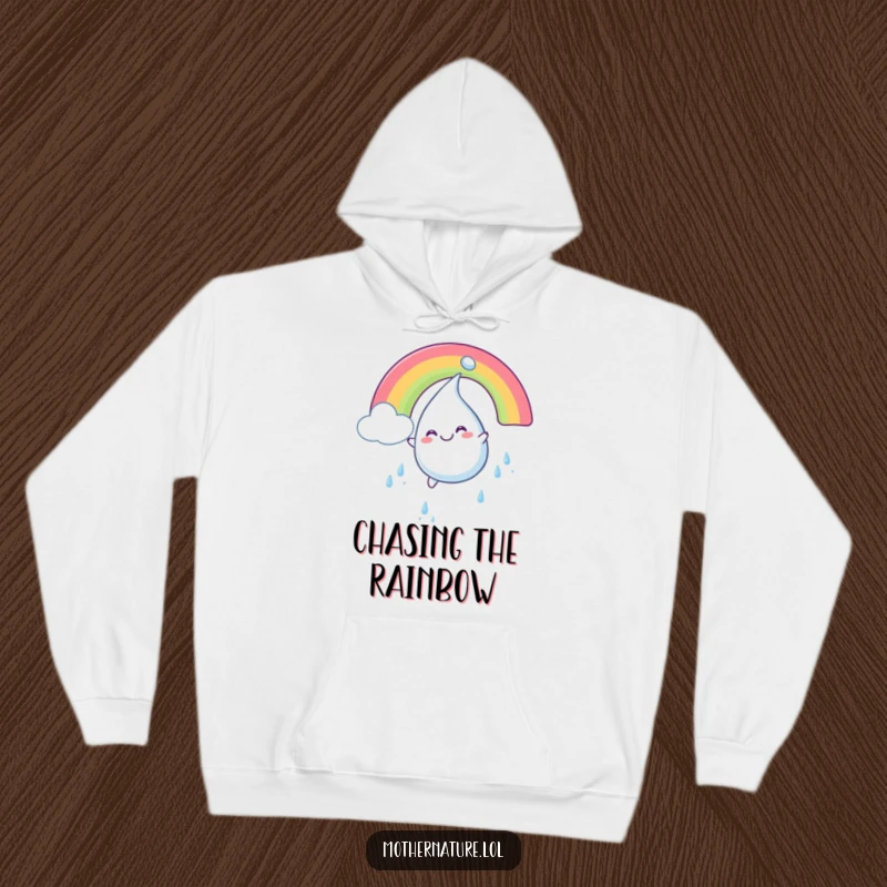 Funny hoodie showing a plump, smiling raindrop character having a blast sliding down a vivid rainbow with sheer happiness.