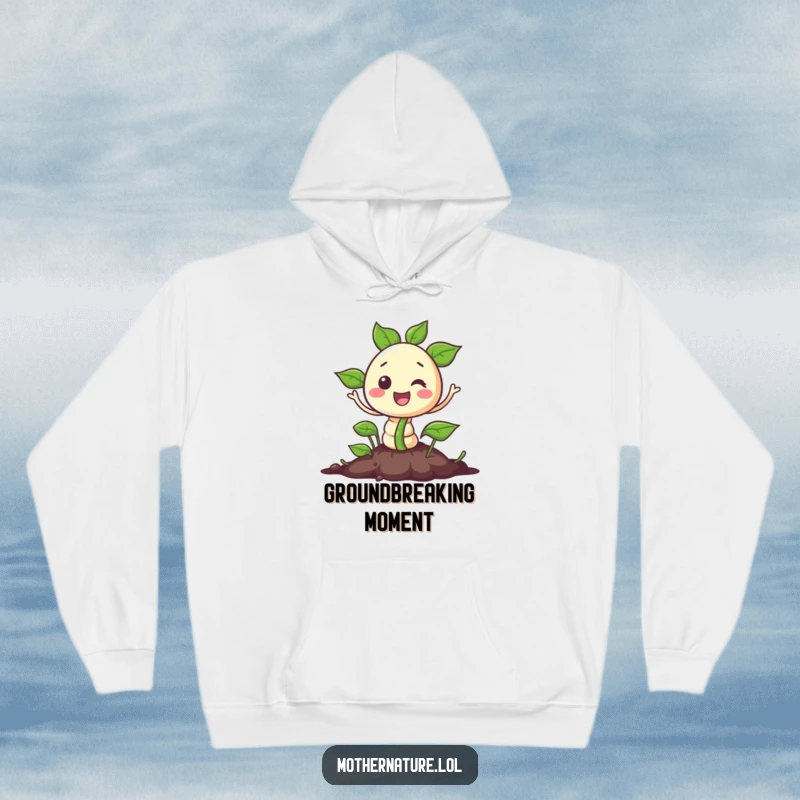 Funny hoodie with a cheerful seed character sprouting out of the ground. Comfortable and humorous for garden lovers.