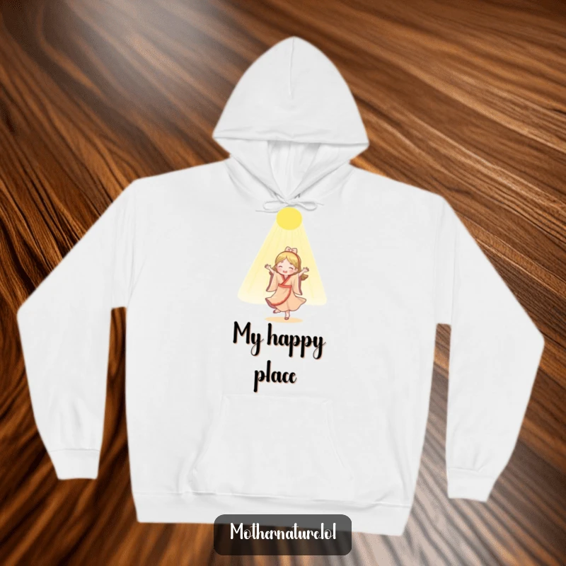 Funny Mother Nature hoodie depicting a happy character dancing in a gentle shower of golden sunlight, offering cozy comfort.