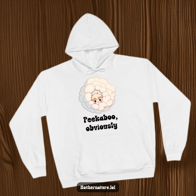 Funny hoodie featuring a shocked character peeking from behind a massive, whimsical swirling cloud formation.