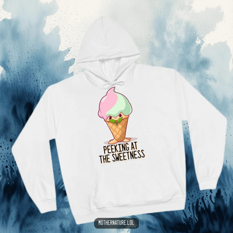 Funny shy sprout hoodie, peeking from behind a melting ice cream cone, cozy and humorous apparel, perfect gift.