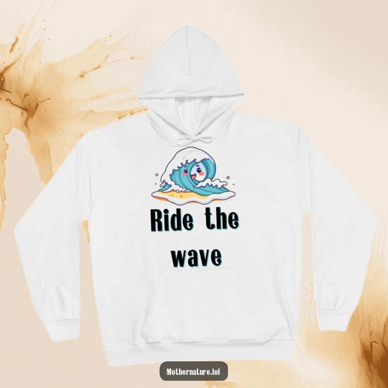 Funny Wave Character Hoodie with a cute wave character crashing onto a smiling beach shore with foam, offering cozy ocean-themed humor.