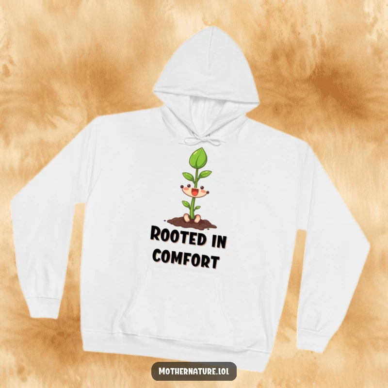 Funny seedling character stretching its first leaf upwards on a warm, comfortable hoodie, fostering inspiration.