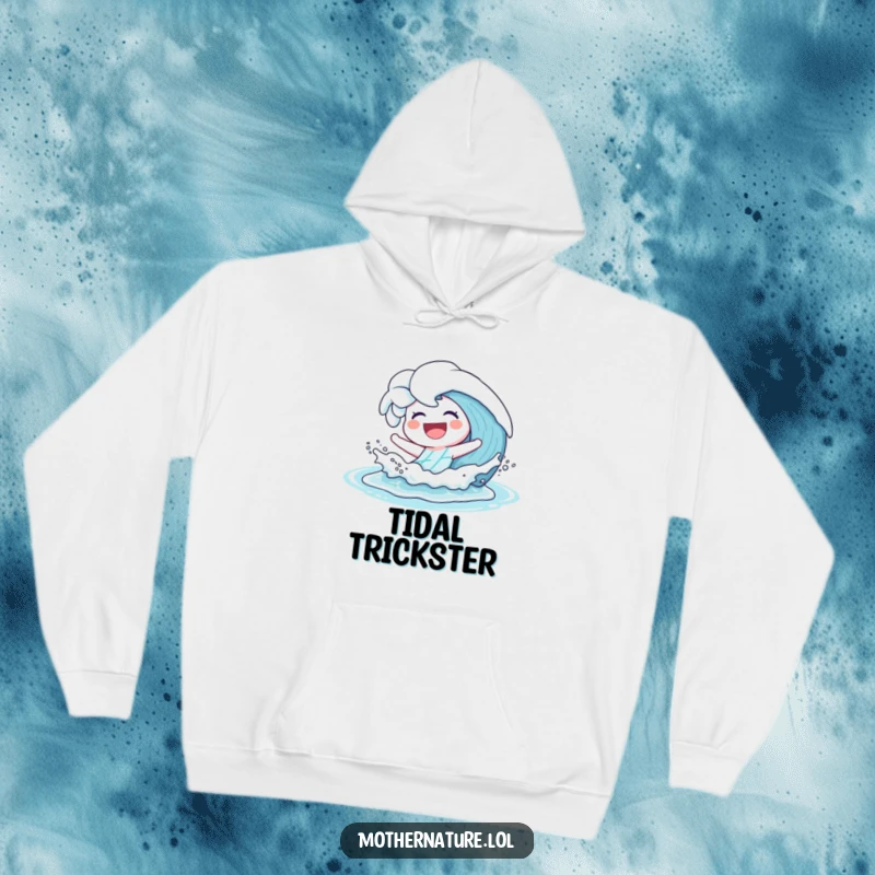 Funny Hoodie featuring a happy wave character laughing playfully while splashing onto a serene beach shore.