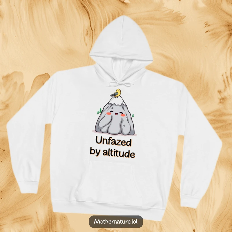 Funny hoodie featuring a mountain character shrugging amiably, with a bird perched on its head, for cozy wear.