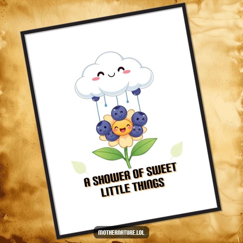 Funny Free Printable Wall Art: A cloud happily raining smiling blueberries onto a vibrant flower, a cute downloadable gift.