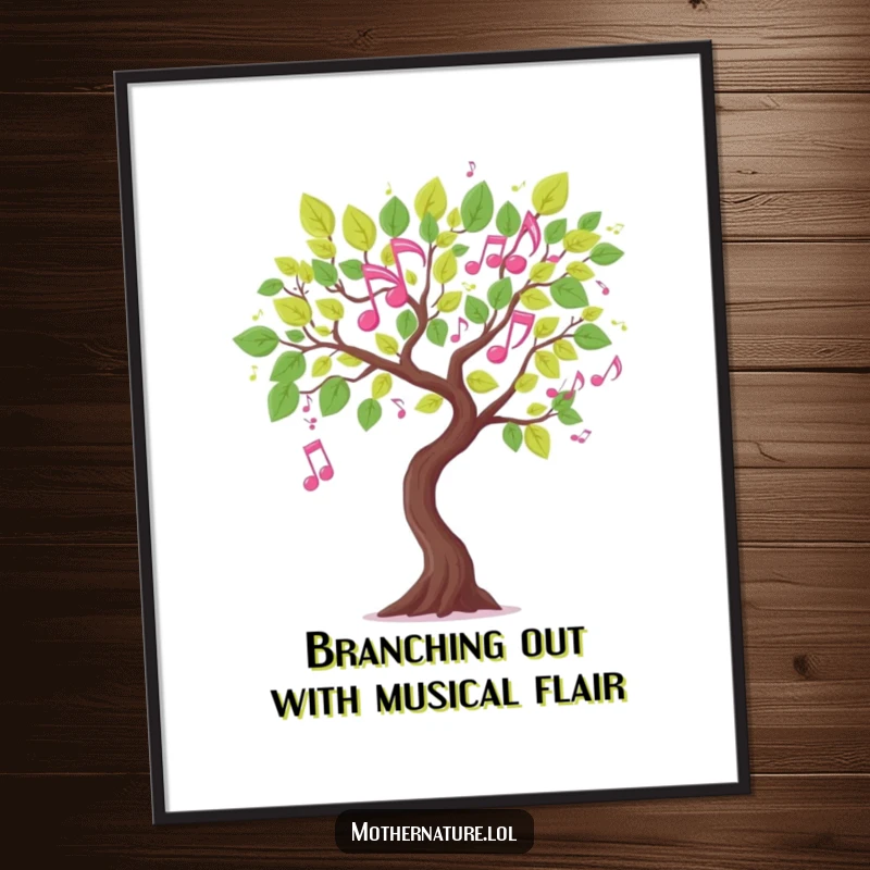 Funny Free Printable Wall Art: A whimsical tree branch featuring dancing musical note leaves, a harmonious downloadable gift.