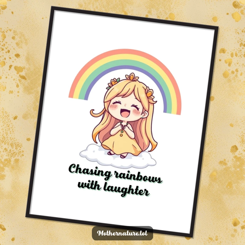Funny Free Printable Mother Nature Wall Art: A laughing Mother Nature is surrounded by a beautifully formed, colorful rainbow.