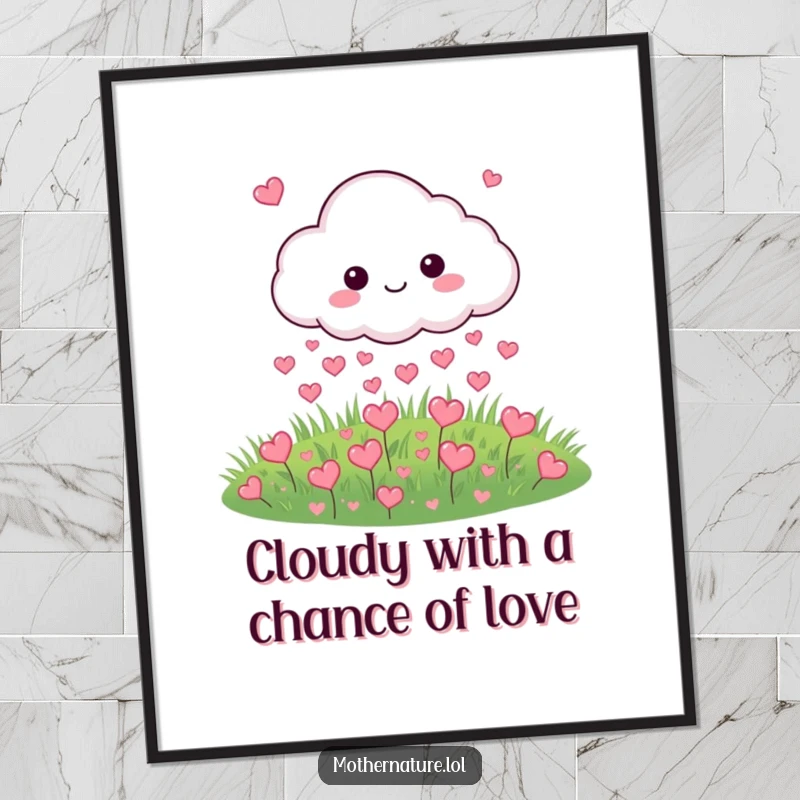 Funny Free Printable Wall Art: A happy cloud playfully rains tiny hearts onto a green meadow, charming DIY decor.