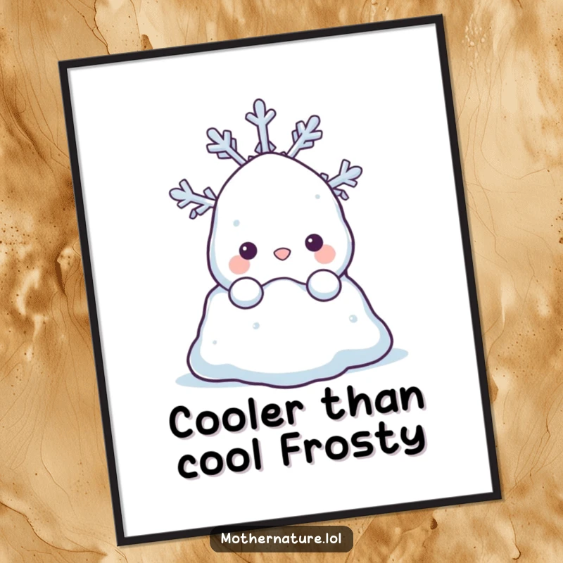 Funny Free Printable Wall Art of a shy snowdrift character peeking curiously from behind a very happy snowflake, creating a cute scene.