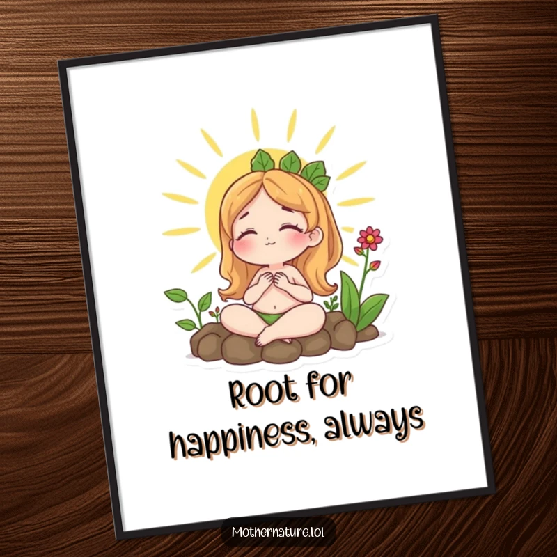 Free Printable Wall Art: A content Mother Nature character enjoys the sun, surrounded by lush, growing plants in a tranquil scene.