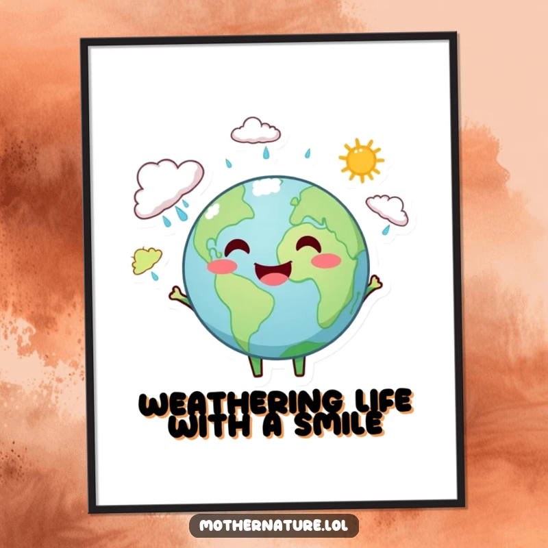Funny Free Printable Earth Wall Art: A smiling Earth character is busy juggling tiny rain clouds and bright sunshine.