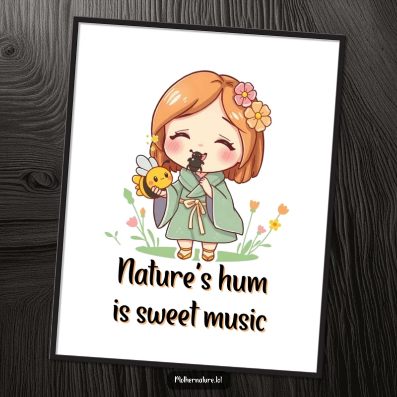 Free Printable Wall Art: Mother Nature lovingly holds a tiny, buzzing bee, showcasing her delightful connection to the smallest creatures.
