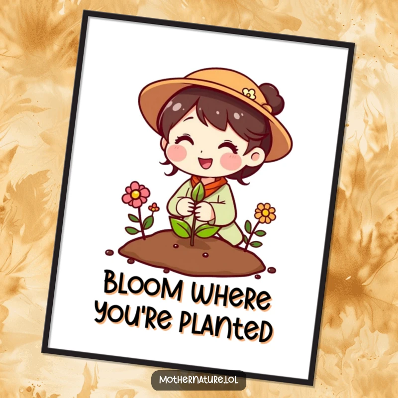 Funny Free Printable Mother Nature Wall Art: A cheerful Mother Nature demonstrates instant growth by planting a seed that sprouts flowers.
