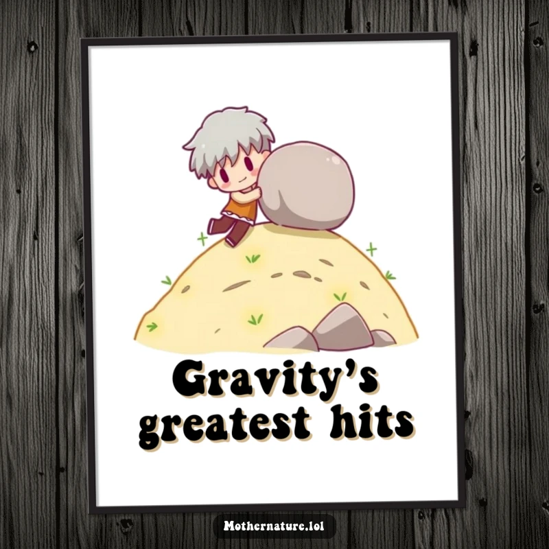 Funny Free Printable Wall Art: A character playfully pushing a rolling boulder down a hill, creating a dynamic and humorous piece.