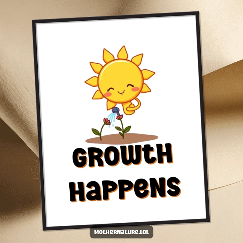 Funny Free Printable Wall Art: A smiling sun character attempts to water a tiny, wilting flower, comical DIY decor.