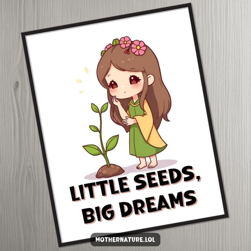 Free Printable Wall Art: Mother Nature character whispering secrets of growth to a small, yet determined, sprout.