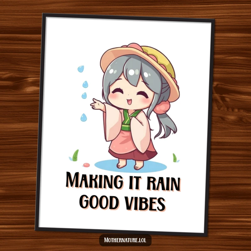 Funny Free Printable Wall Art: Playful Mother Nature tossing a sparkling raindrop, a whimsical piece.