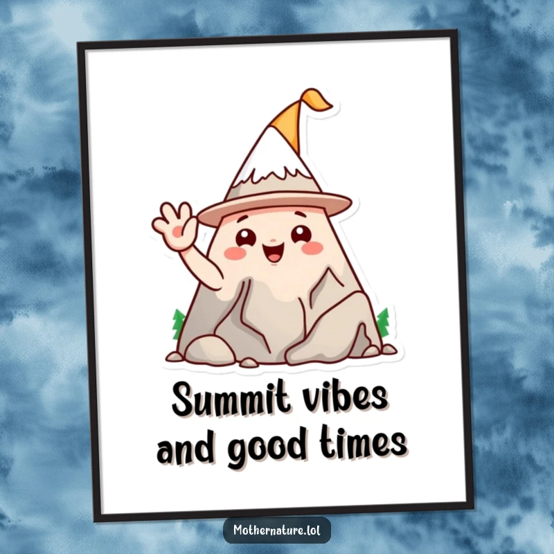 Funny Free Printable Wall Art: A playful mountain range character wears a silly hat and waves, creating downloadable whimsical decor.